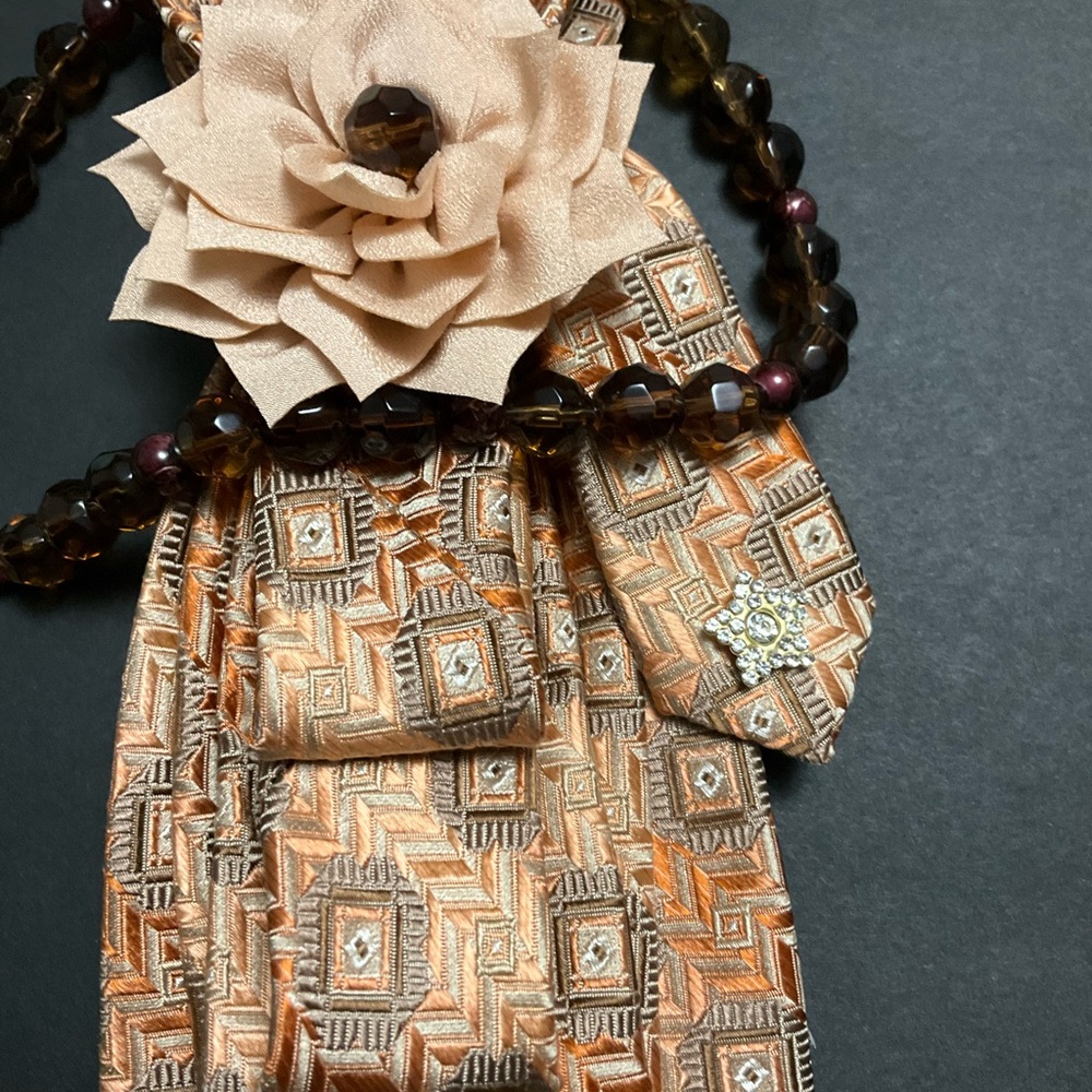 “SOLD” Handcrafted Necktie Necklace with Tan Floral Accent and Brown Beaded - Picture 5 of 5